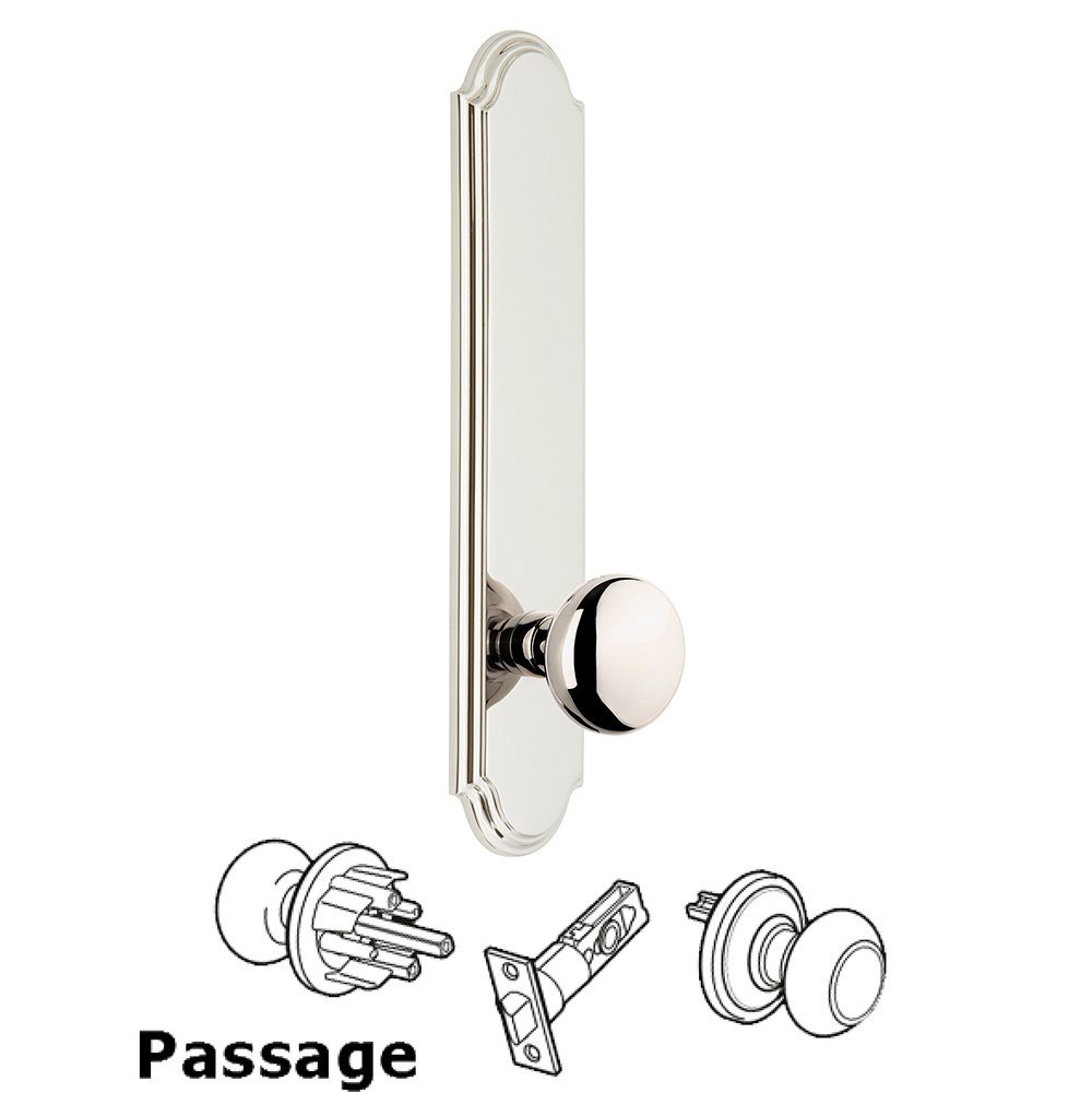 Tall Plate Passage with Fifth Avenue Knob in Polished Nickel