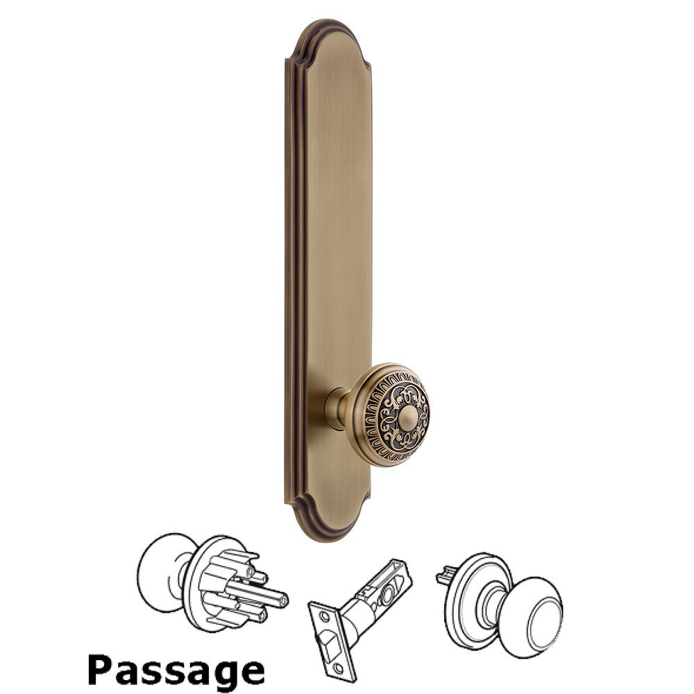 Tall Plate Passage with Windsor Knob in Vintage Brass