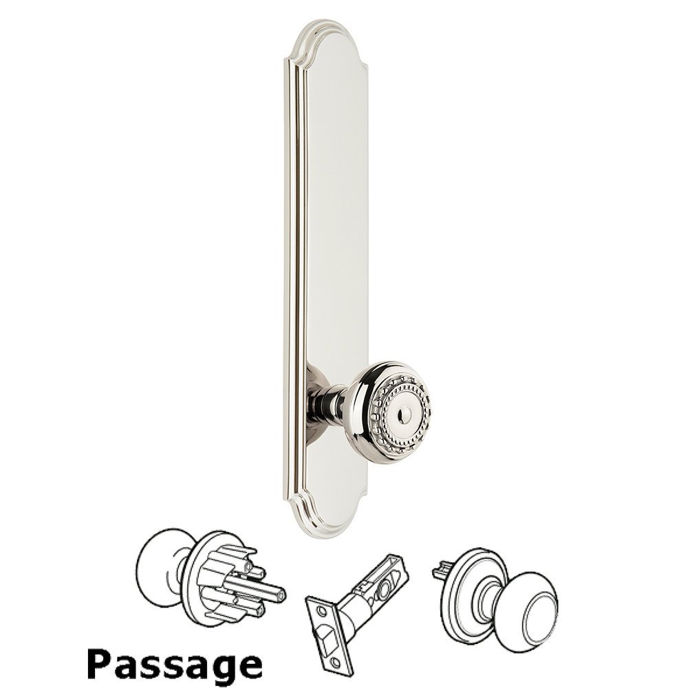 Tall Plate Passage with Parthenon Knob in Polished Nickel
