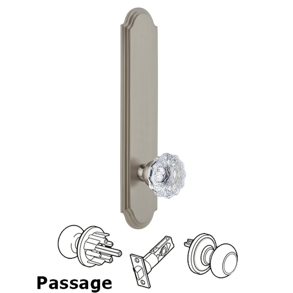 Tall Plate Passage with Fontainebleau Knob in Satin Nickel