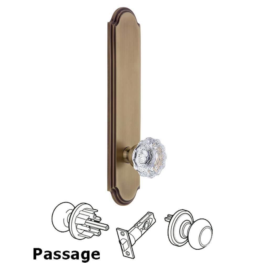 Tall Plate Passage with Fontainebleau Knob in Vintage Brass