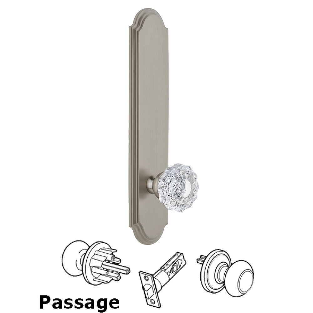 Tall Plate Passage with Versailles Knob in Satin Nickel