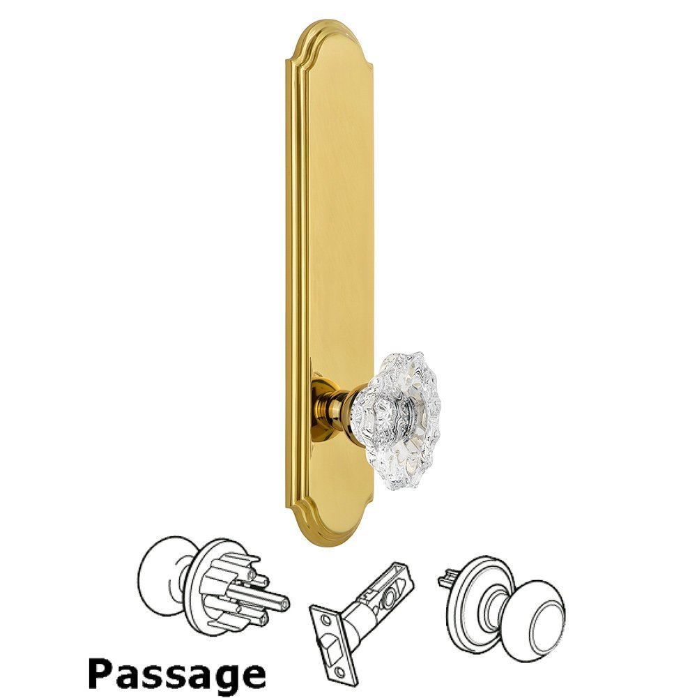 Tall Plate Passage with Biarritz Knob in Polished Brass