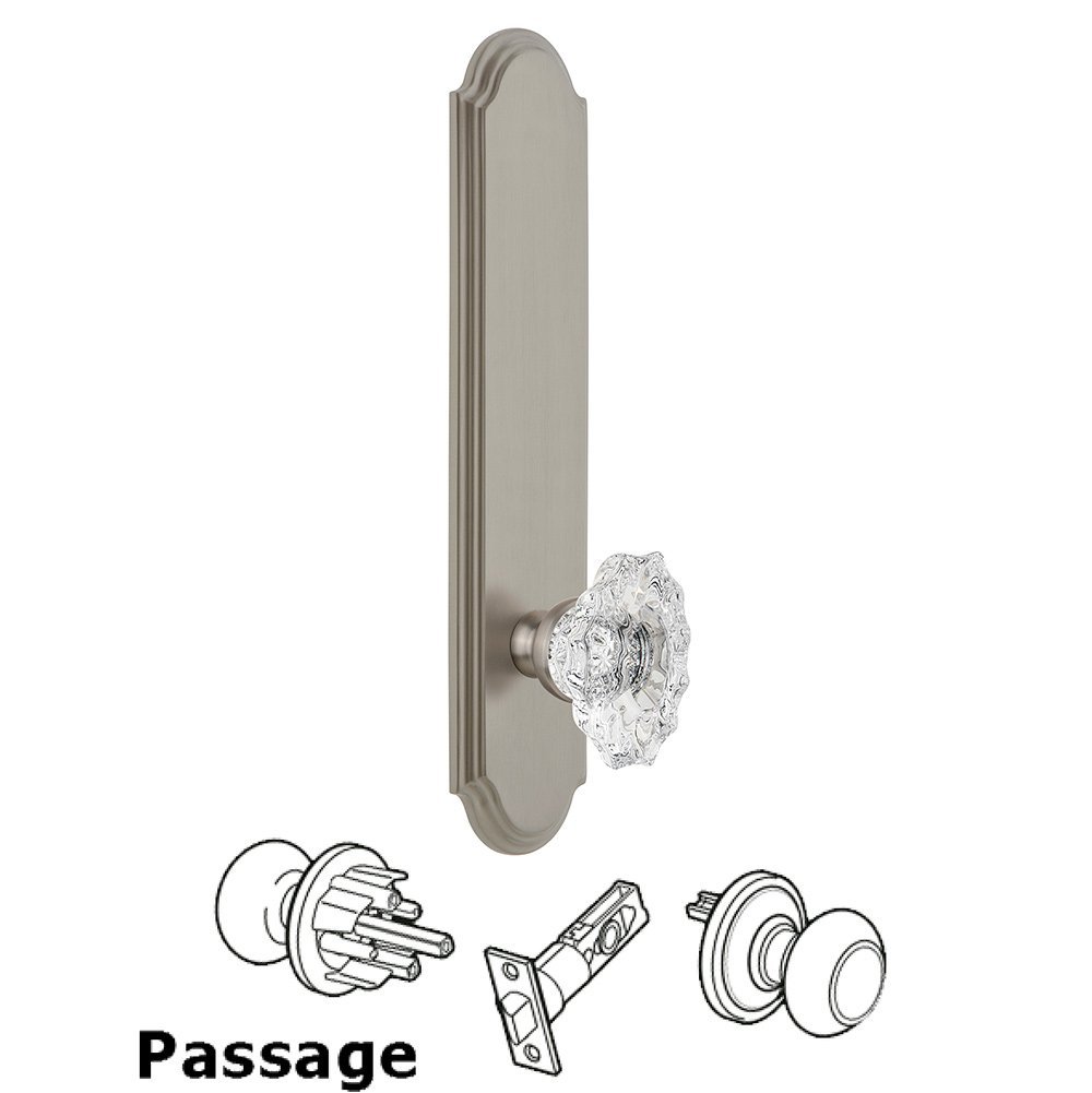 Tall Plate Passage with Biarritz Knob in Satin Nickel