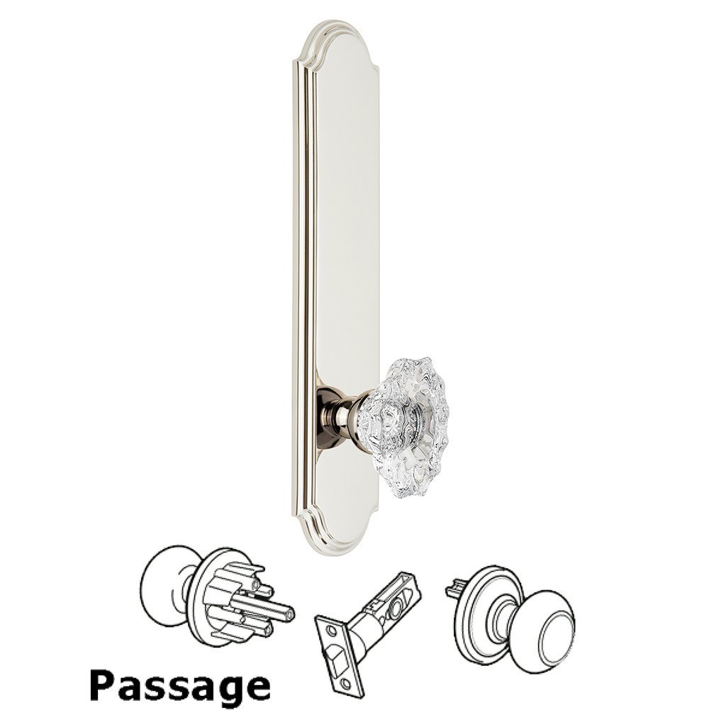 Tall Plate Passage with Biarritz Knob in Polished Nickel