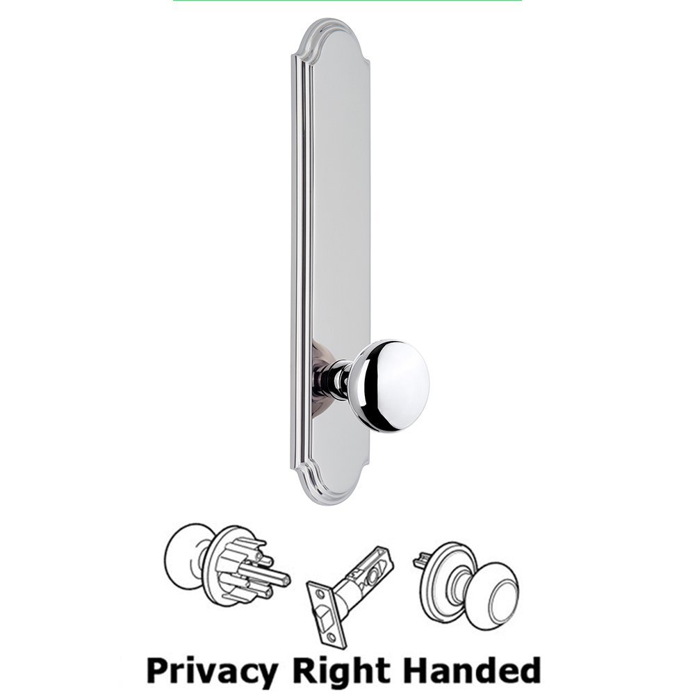 Tall Plate Privacy with Fifth Avenue Right Handed Knob in Bright Chrome