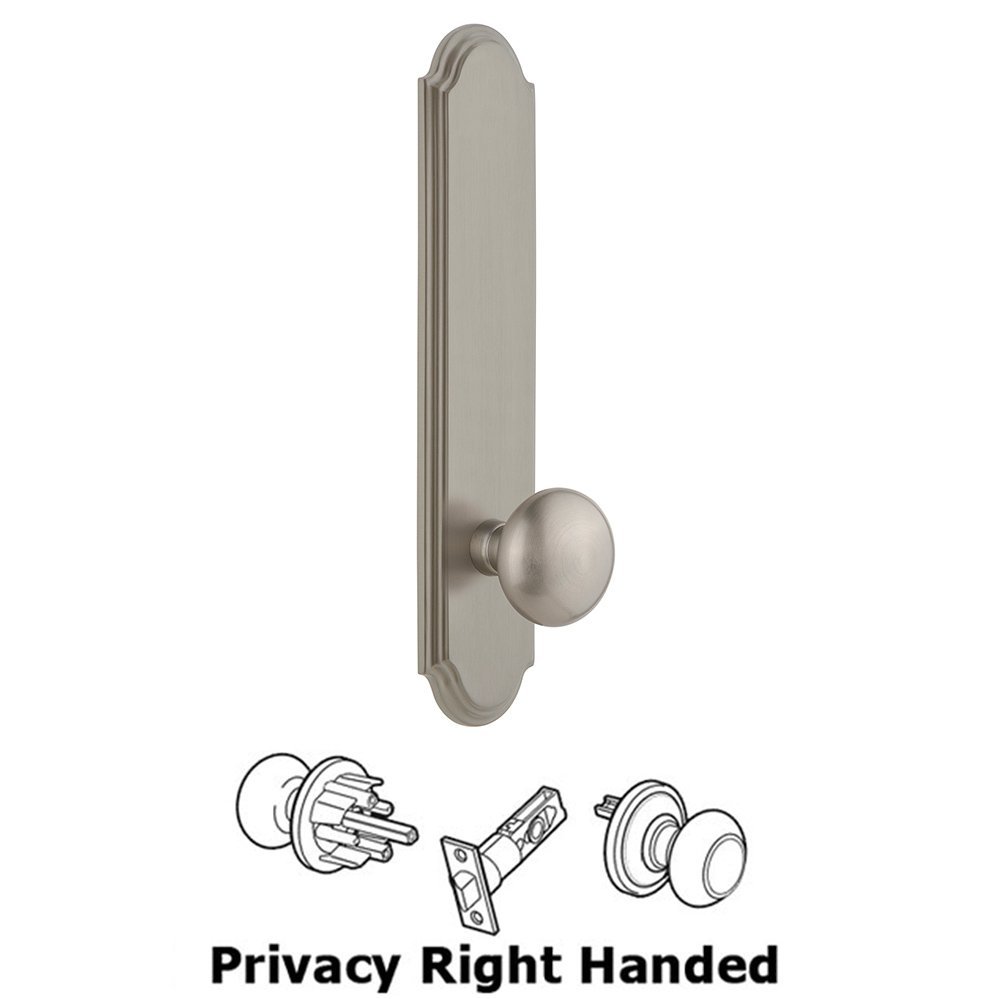 Tall Plate Privacy with Fifth Avenue Right Handed Knob in Satin Nickel
