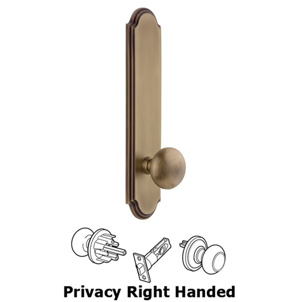 Tall Plate Privacy with Fifth Avenue Right Handed Knob in Vintage Brass