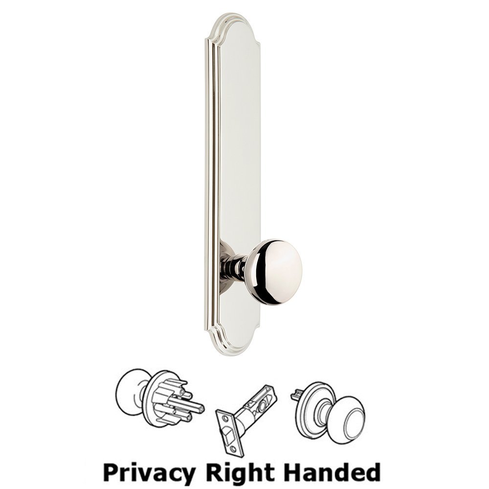 Tall Plate Privacy with Fifth Avenue Right Handed Knob in Polished Nickel