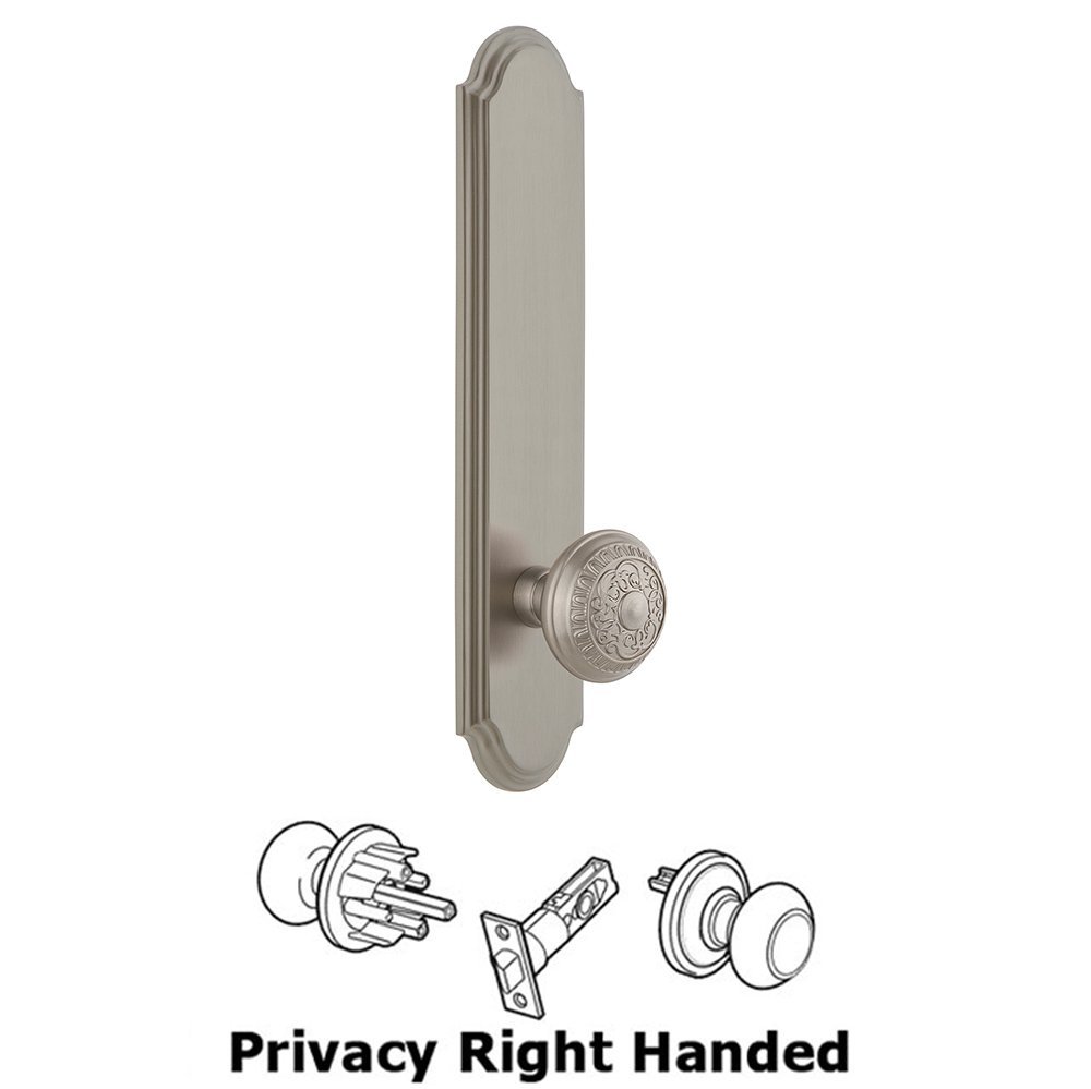 Tall Plate Privacy with Windsor Right Handed Knob in Satin Nickel