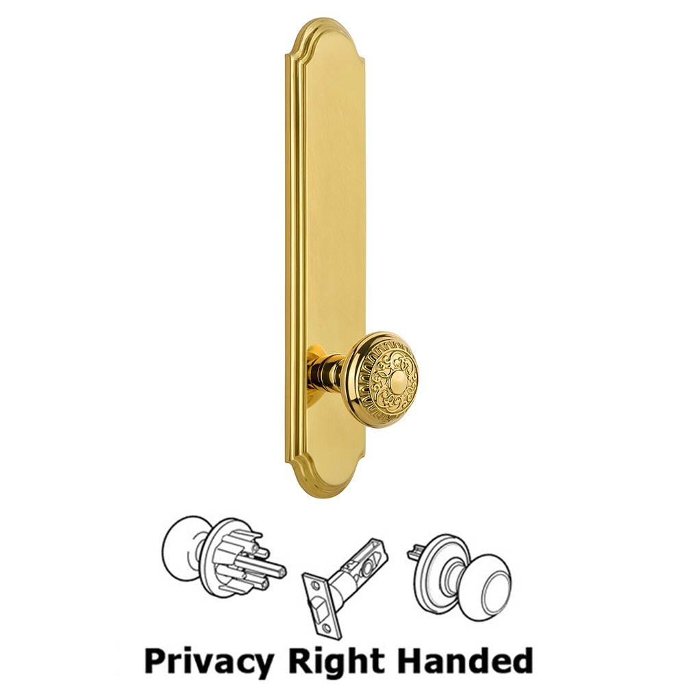 Tall Plate Privacy with Windsor Right Handed Knob in Lifetime Brass