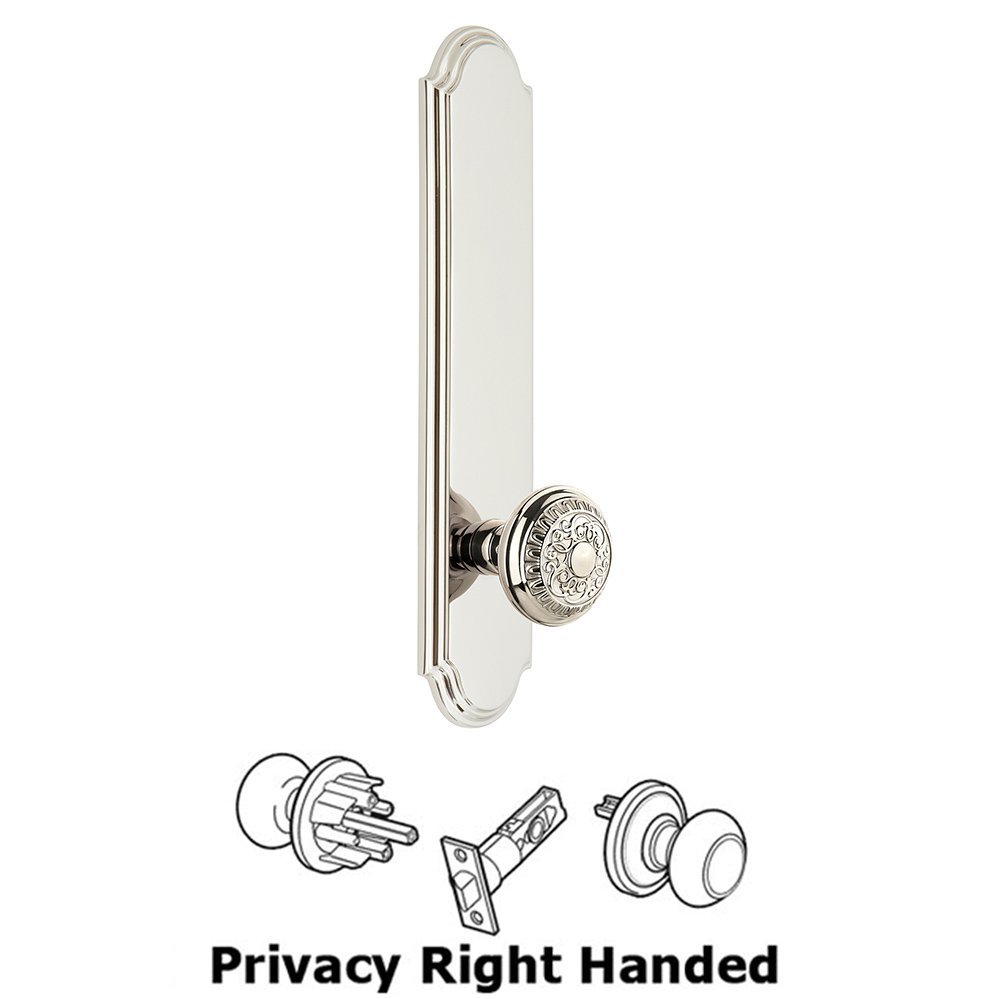 Tall Plate Privacy with Windsor Right Handed Knob in Polished Nickel