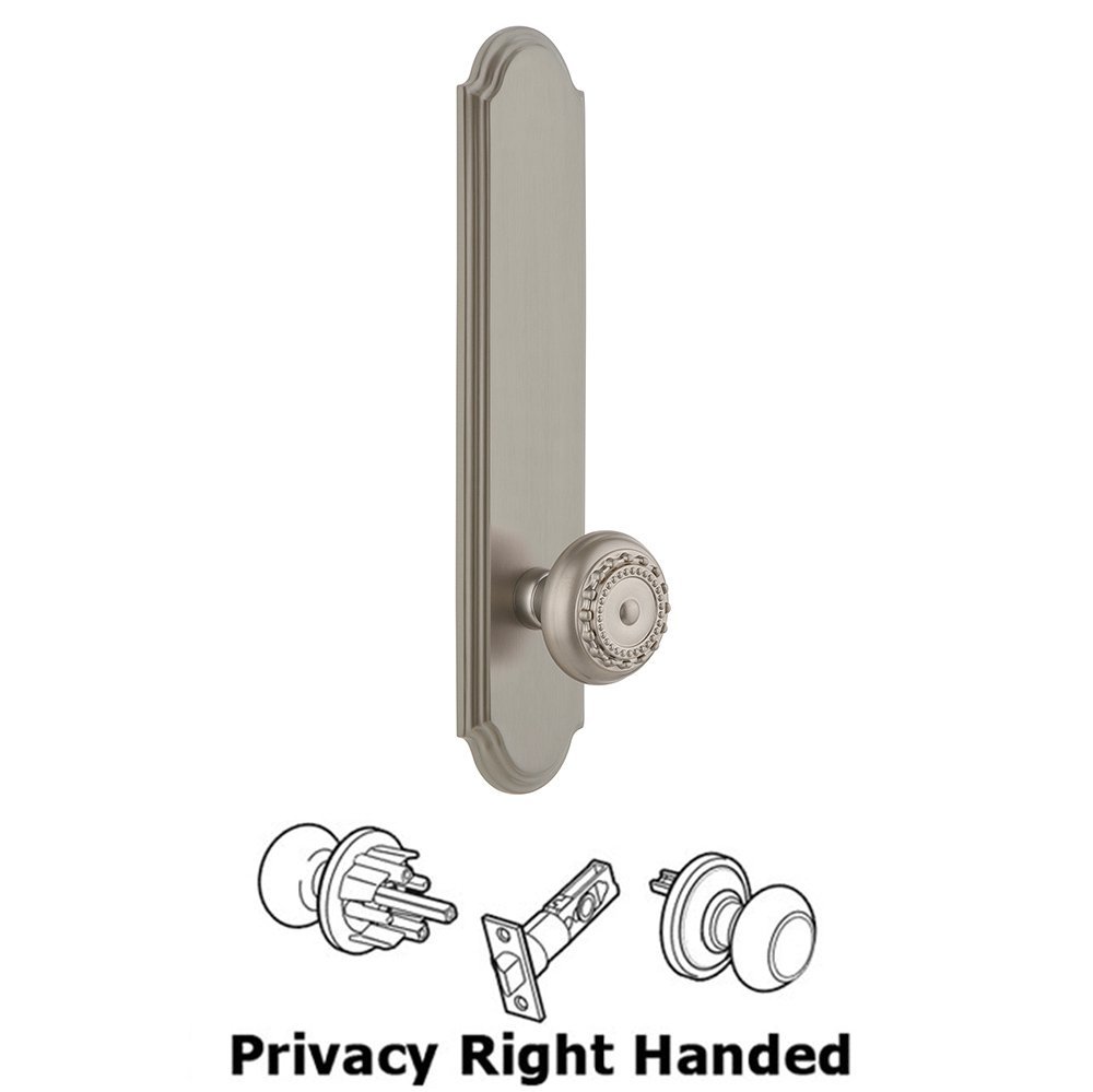 Tall Plate Privacy with Parthenon Right Handed Knob in Satin Nickel