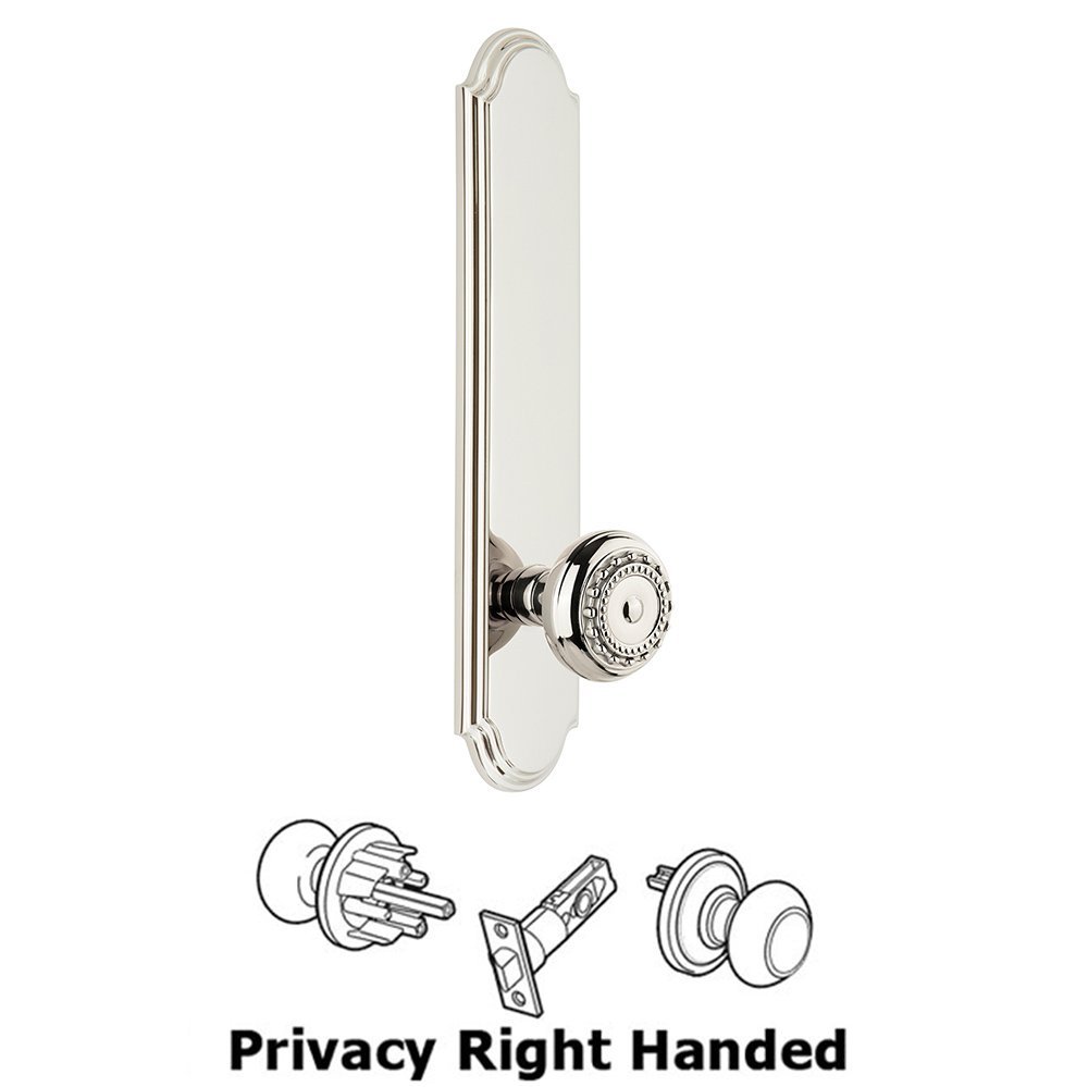 Tall Plate Privacy with Parthenon Right Handed Knob in Polished Nickel