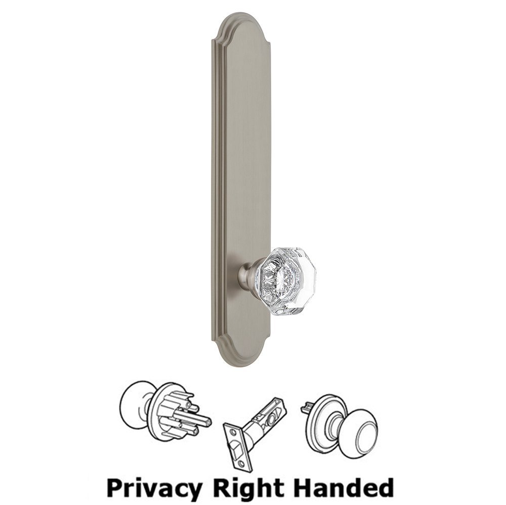 Tall Plate Privacy with Chambord Right Handed Knob in Satin Nickel