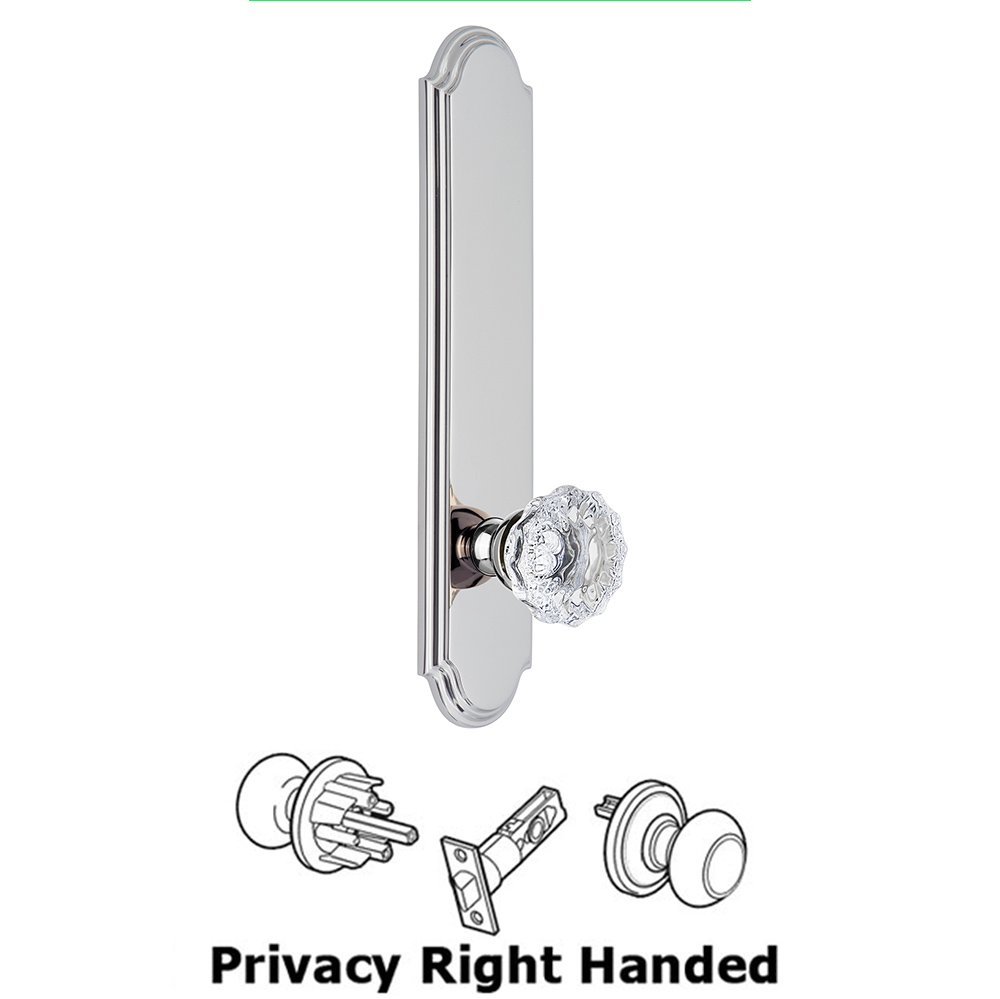 Tall Plate Privacy with Fontainebleau Right Handed Knob in Bright Chrome