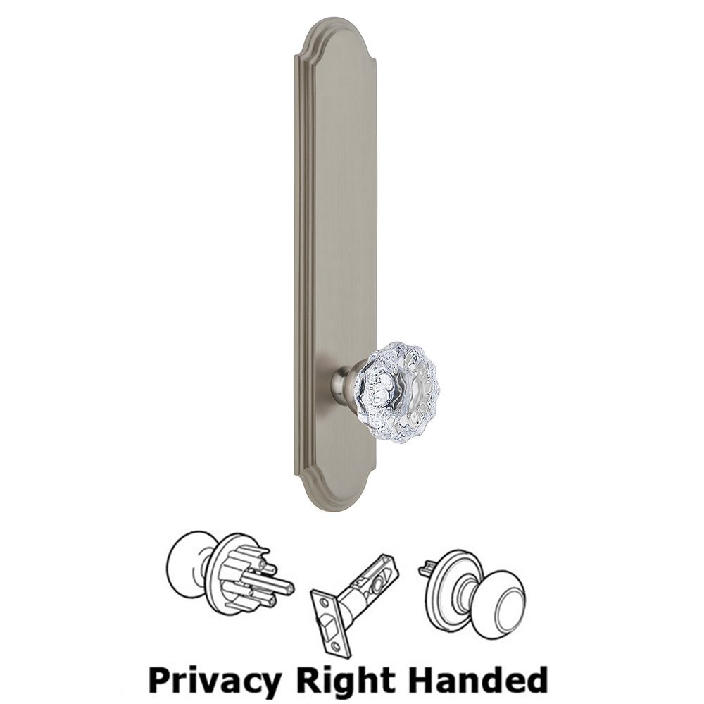 Tall Plate Privacy with Fontainebleau Right Handed Knob in Satin Nickel