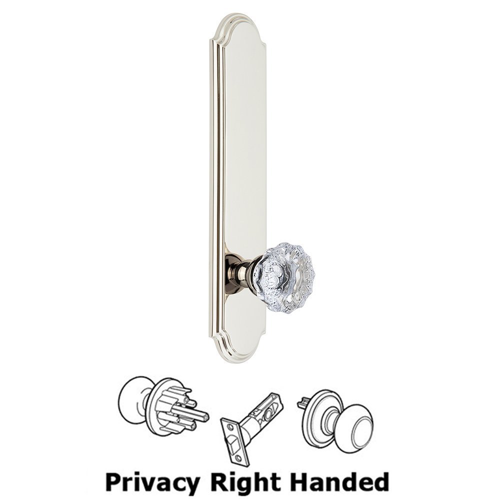 Tall Plate Privacy with Fontainebleau Right Handed Knob in Polished Nickel