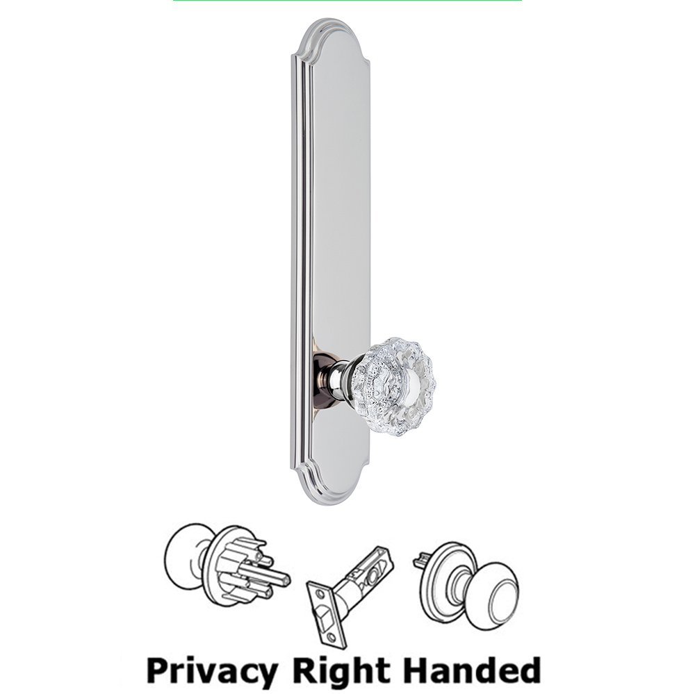 Tall Plate Privacy with Versailles Right Handed Knob in Bright Chrome