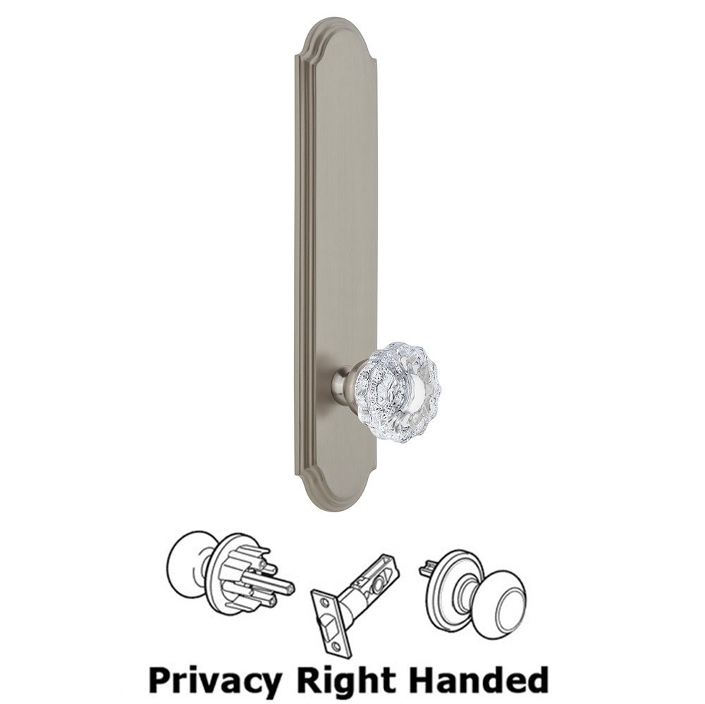 Tall Plate Privacy with Versailles Right Handed Knob in Satin Nickel
