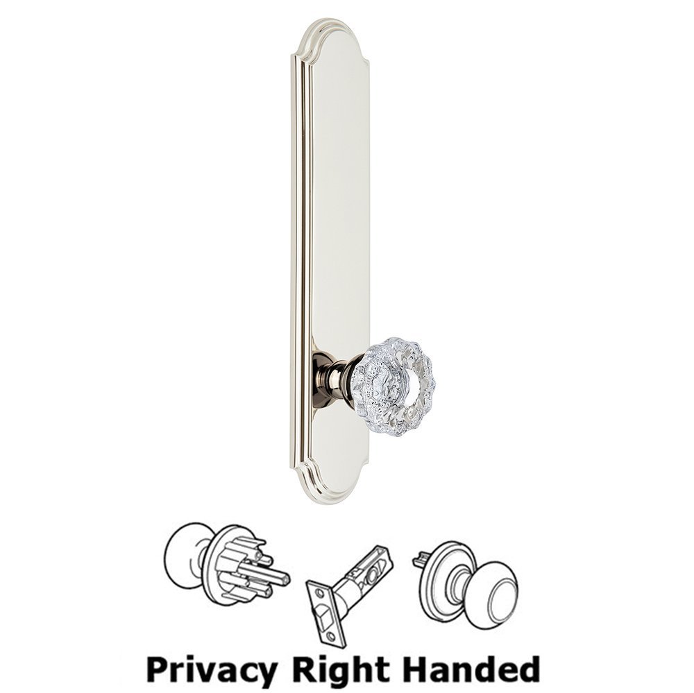 Tall Plate Privacy with Versailles Right Handed Knob in Polished Nickel