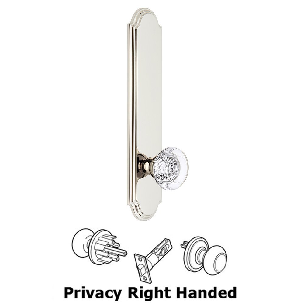 Tall Plate Privacy with Bordeaux Right Handed Knob in Polished Nickel
