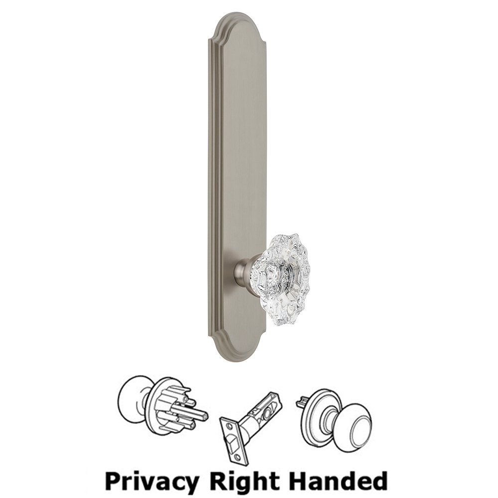 Tall Plate Privacy with Biarritz Right Handed Knob in Satin Nickel
