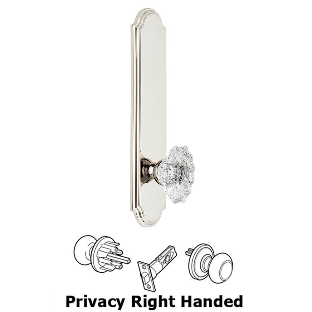 Tall Plate Privacy with Biarritz Right Handed Knob in Polished Nickel