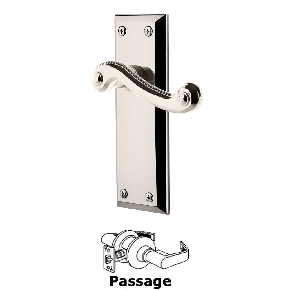 Passage Fifth Avenue Plate with Newport Right Handed Lever in Polished Nickel