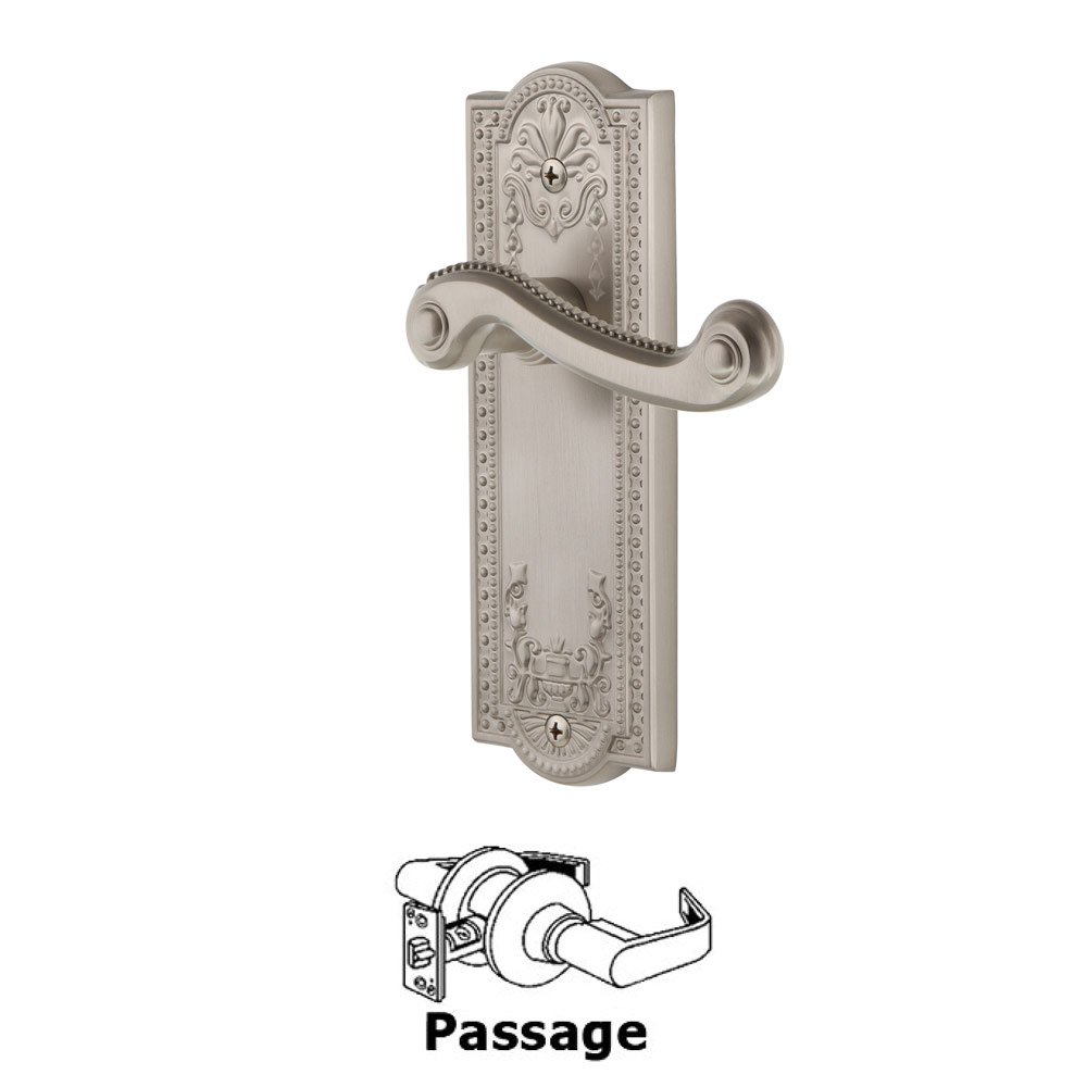 Passage Parthenon Plate with Newport Right Handed Lever in Satin Nickel