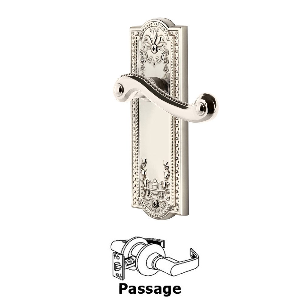 Passage Parthenon Plate with Newport Right Handed Lever in Polished Nickel