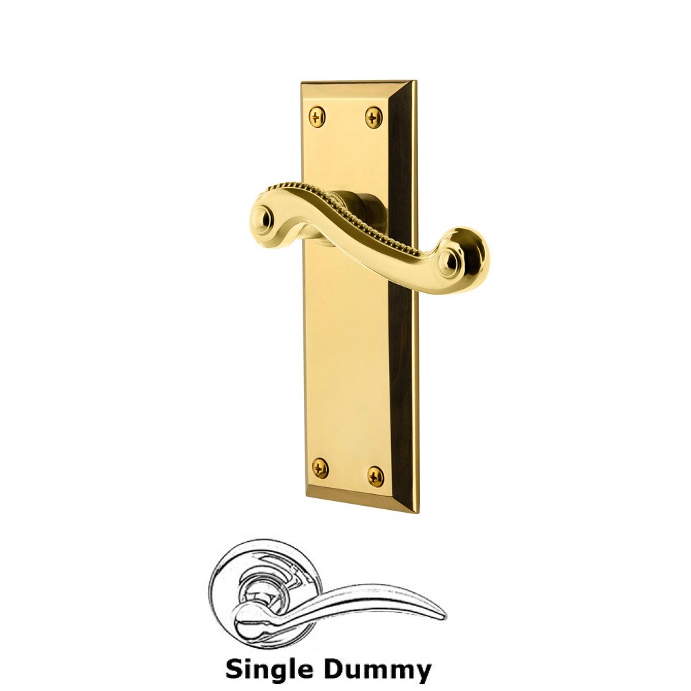 Single Dummy Fifth Avenue Plate with Newport Left Handed Lever in Polished Brass
