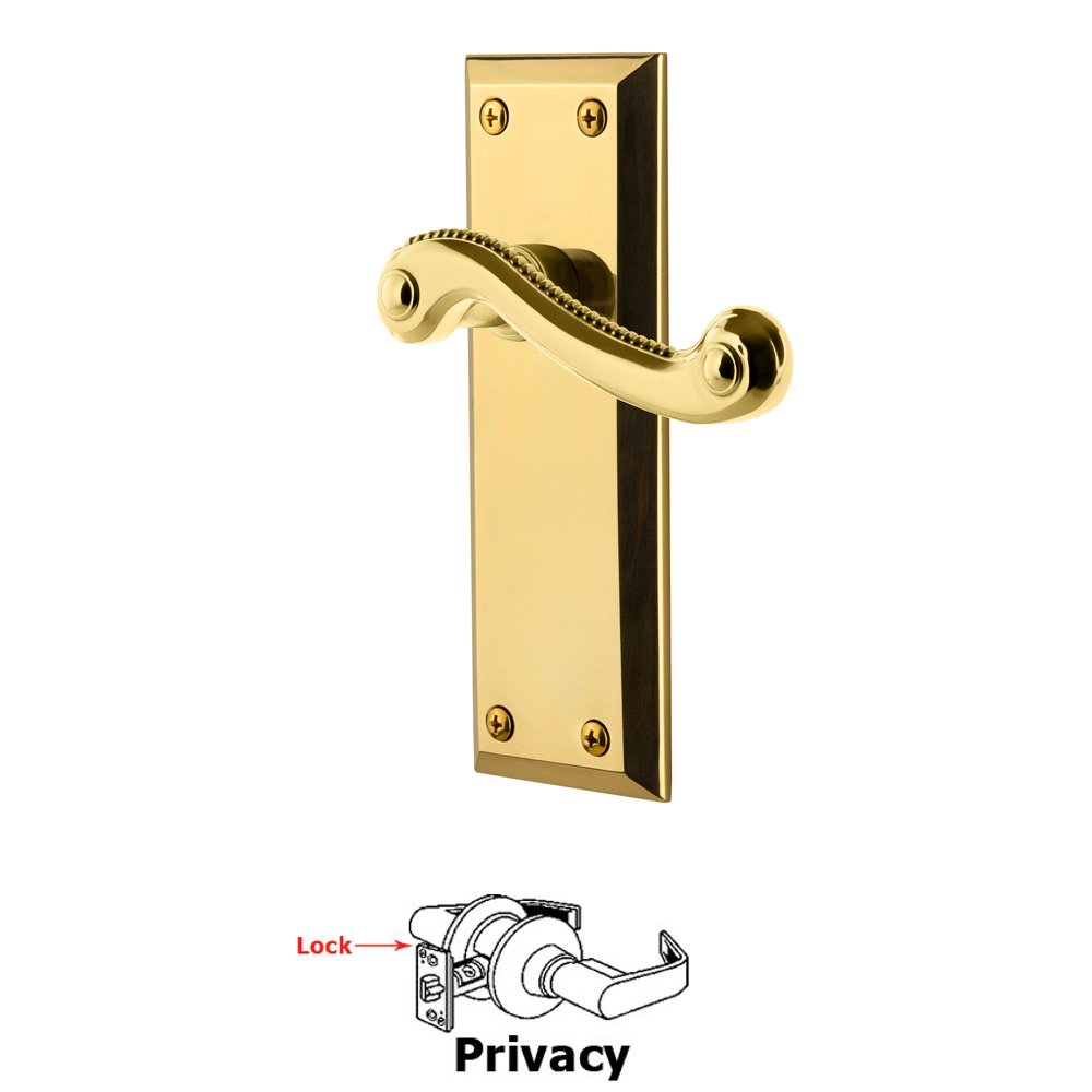 Privacy Fifth Avenue Plate with Newport Left Handed Lever in Polished Brass