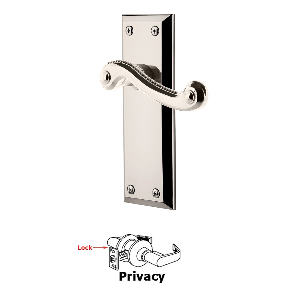 Privacy Fifth Avenue Plate with Newport Right Handed Lever in Polished Nickel