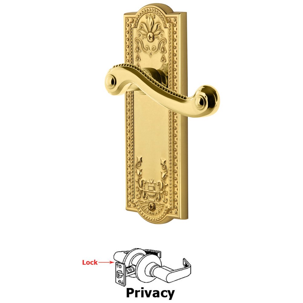 Privacy Parthenon Plate with Newport Left Handed Lever in Polished Brass