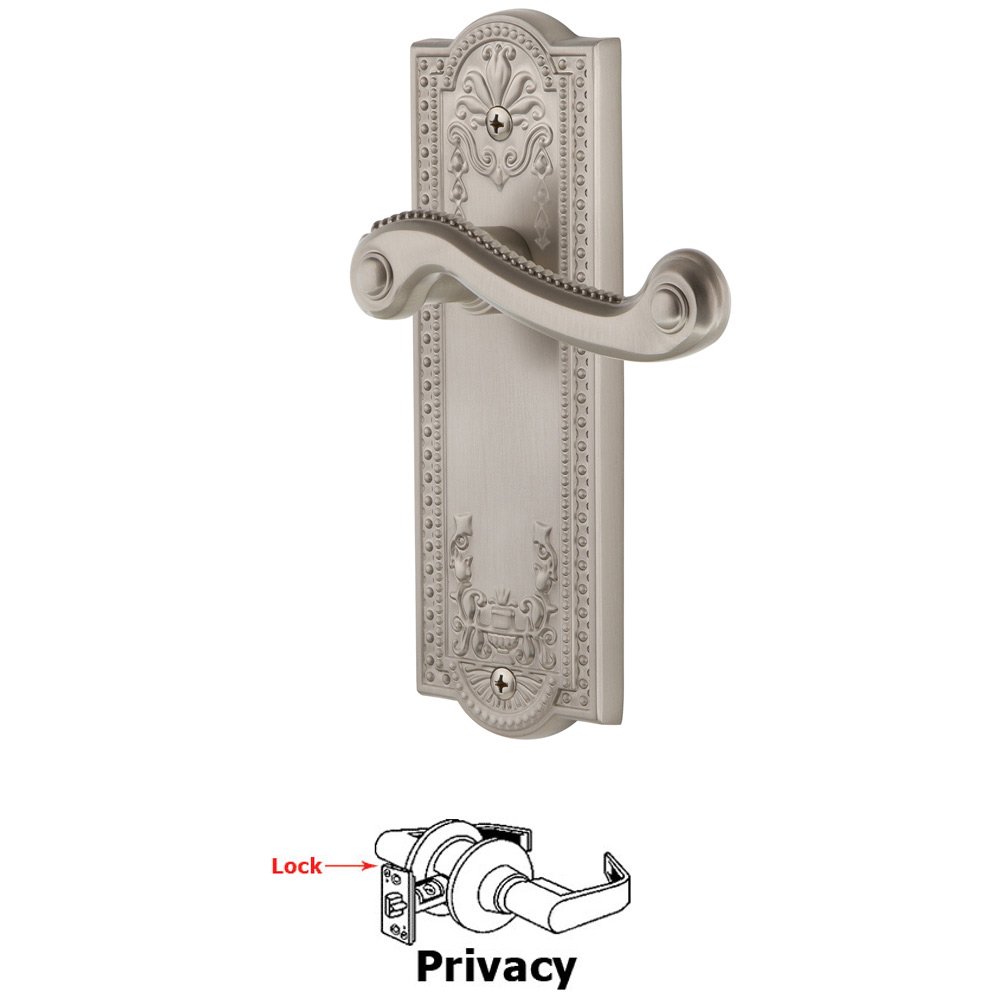 Privacy Parthenon Plate with Newport Right Handed Lever in Satin Nickel