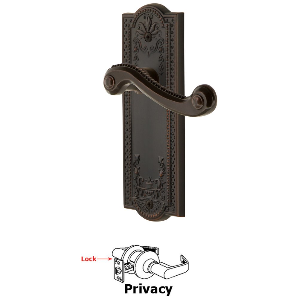 Privacy Parthenon Plate with Newport Left Handed Lever in Timeless Bronze