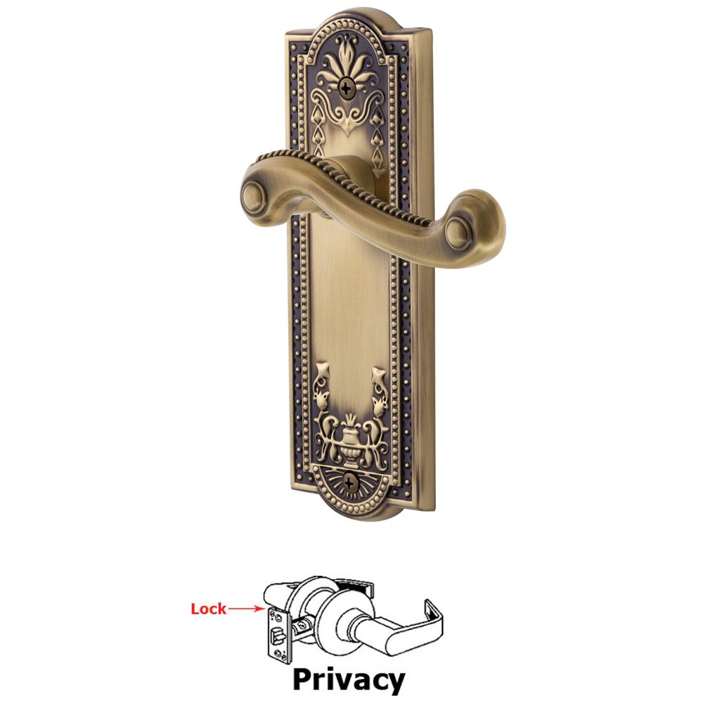 Privacy Parthenon Plate with Newport Right Handed Lever in Vintage Brass