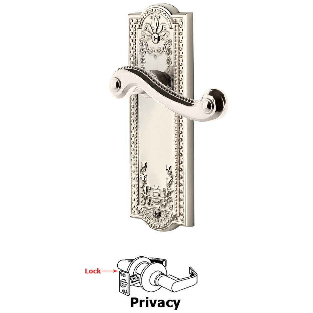 Privacy Parthenon Plate with Newport Right Handed Lever in Polished Nickel