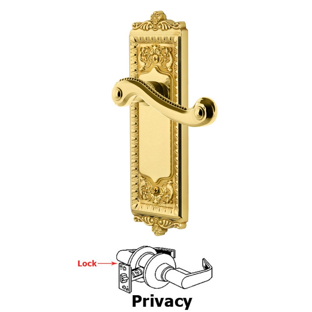 Privacy Windsor Plate with Right Handed Newport Lever in Polished Brass