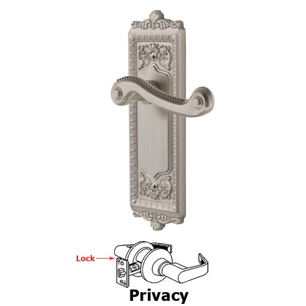 Privacy Windsor Plate with Right Handed Newport Lever in Satin Nickel