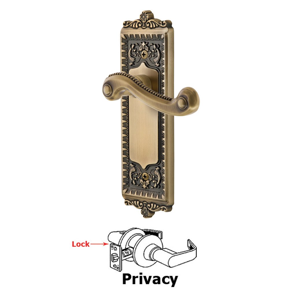 Privacy Windsor Plate with Right Handed Newport Lever in Vintage Brass