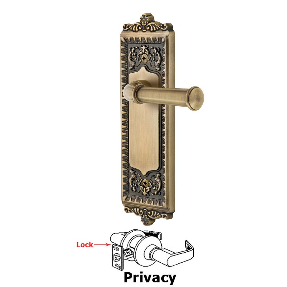 Privacy Windsor Plate with Right Handed Georgetown Lever in Vintage Brass