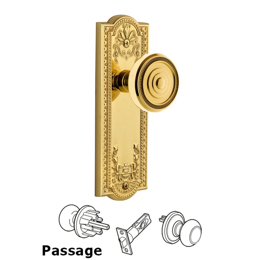 Grandeur Parthenon Plate Passage with Soliel Knob in Polished Brass