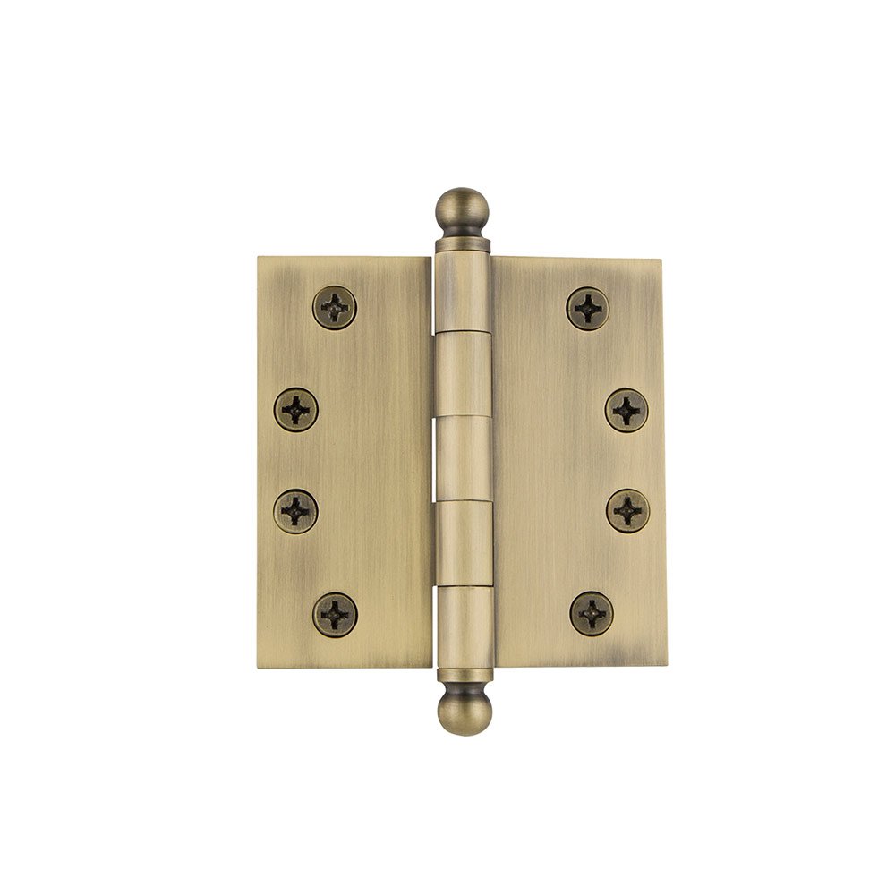 4" Ball Tip Heavy Duty Hinge with Square Corners in Vintage Brass