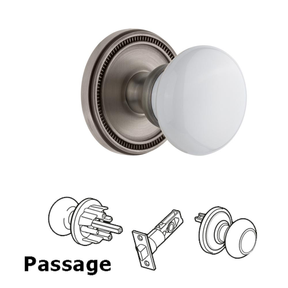 Soleil Rosette Passage with Hyde Park White Porcelain Knob in Antique Pewter