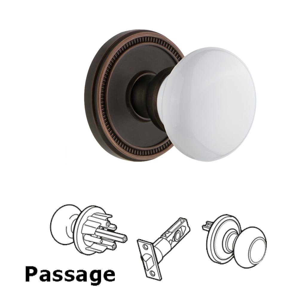 Soleil Rosette Passage with Hyde Park White Porcelain Knob in Timeless Bronze