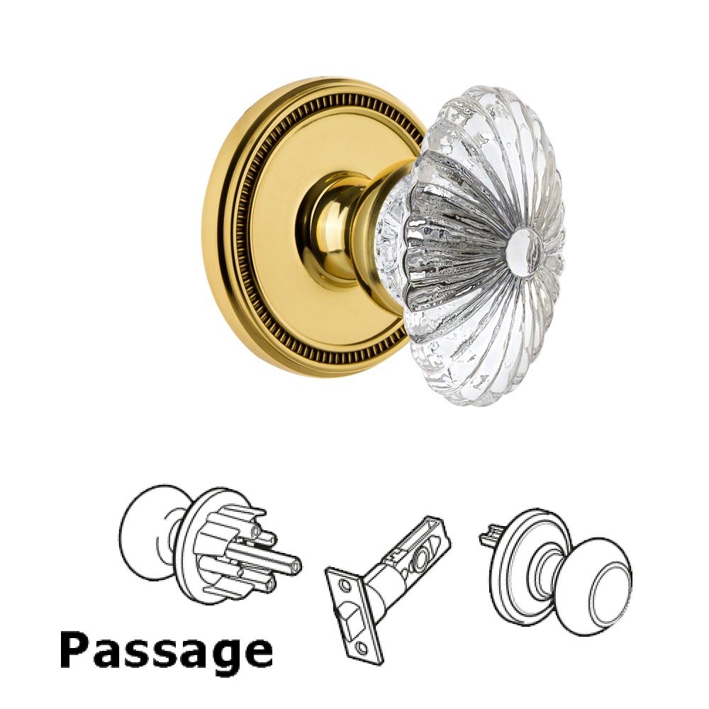 Soleil Rosette Passage with Burgundy Crystal Knob in Polished Brass