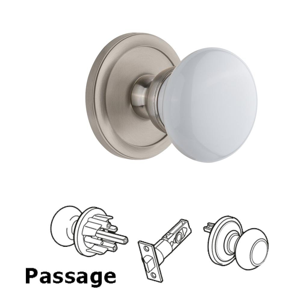 Circulaire Rosette Passage with Hyde Park White Porcelain Knob in Satin Nickel
