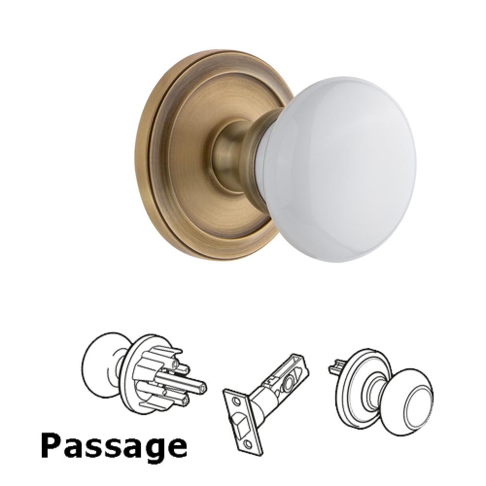 Circulaire Rosette Passage with Hyde Park White Porcelain Knob in Vintage Brass